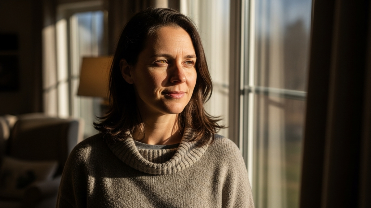 Эмоциональный портрет взрослого человека, стоящего у окна в мягком дневном свете. Лицо спокойное, но с лёгкой задумчивостью, ощущение внутреннего выбора.