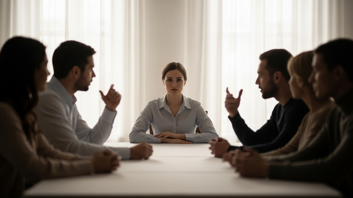 человек сидит за столом, вокруг него размытые силуэты родственников, которые что то говорят, но их лица неразличимы.