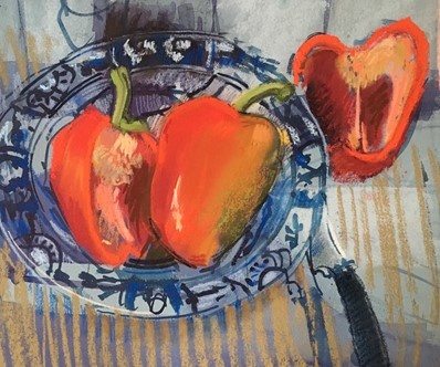 Фелисити Хаус, «Красный перец в миске», 2018 г., много акварели + пастели на бумаге Art Spectrum, 8 x 9 дюймов. 