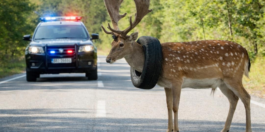 Олень вышел на дорогу и перекрыл путь машине. Водитель вышел ругаться, но увидел его шею и замер.