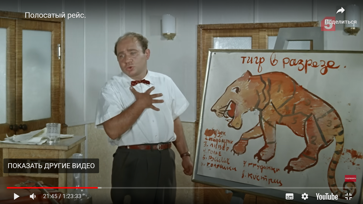 Кошка состоит из трёх частей: голова, туловище, хвост. Кадр из фильма "Полосатый рейс".