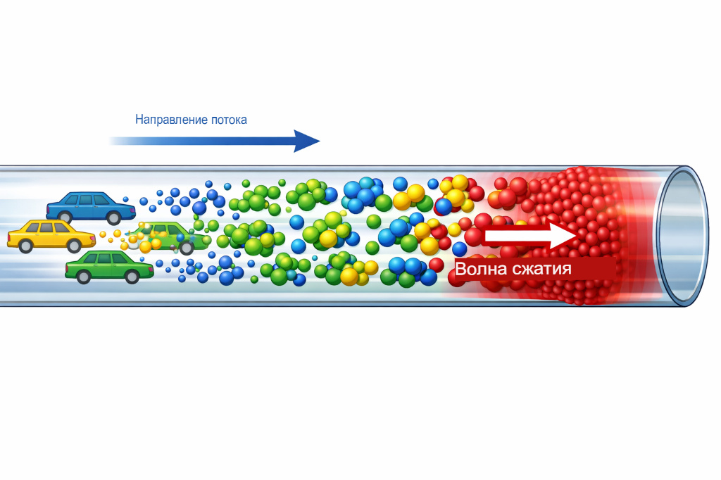 Схематичная анимация, где машины превращаются в цветные молекулы в трубе. Показана волна сжатия (красный цвет), распространяющаяся против движения потока.