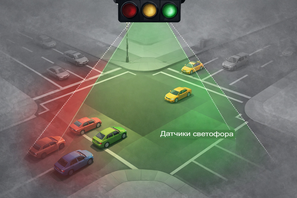 Инфографика «глазами светофора». Показан перекресток, но зона видимости датчиков подсвечена. Всё, что за её пределами, — серая неизвестность.