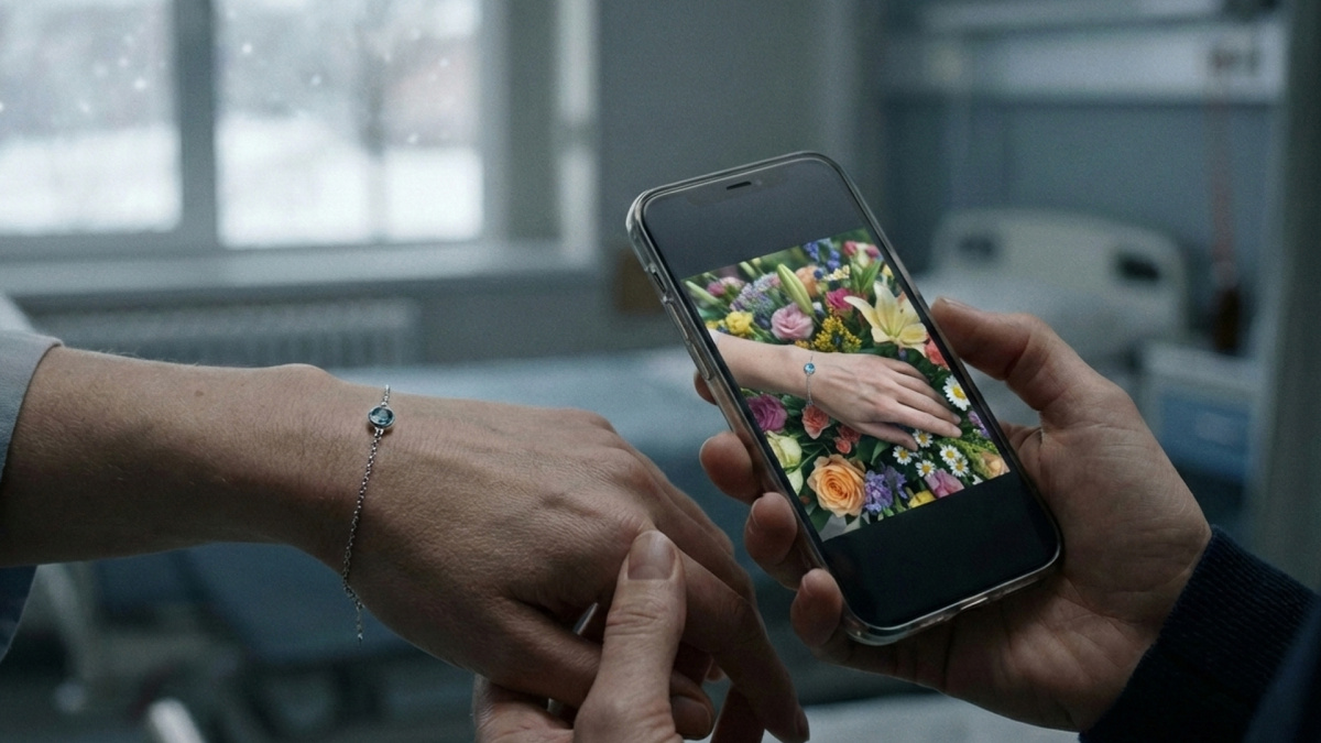 Её рука крупным планом. На руке – точно такой же браслет. Тонкий. Серебряный. С одним камнем – аквамарин.