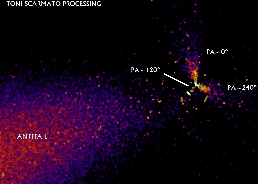 То же изображение 3I/ATLAS от 22 января 2026 года с телескопа Хаббл, но обработано с помощью фильтра вращательного градиента Ларсона-Секанины. Четко видны три дополнительных мини-джета, расположенных симметрично вокруг ядра с угловым интервалом ровно 120 градусов