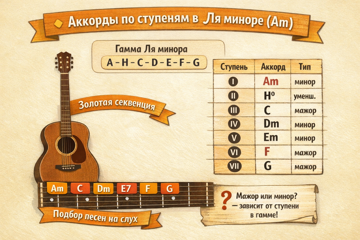 Аккорды в тональности Ля минор на ступенях лада