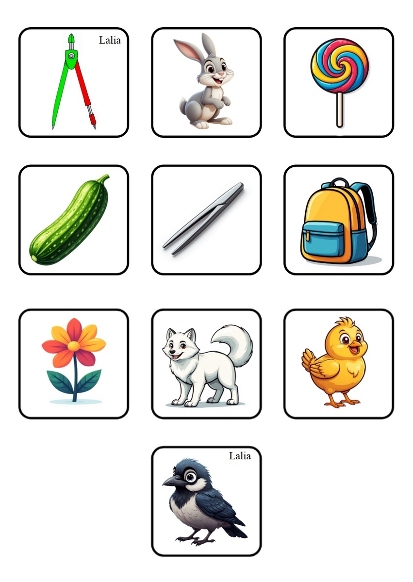 Циркуль, заяц, леденец, огурец, пинцет, ранец, цветок, песец, цыпленок, птенец