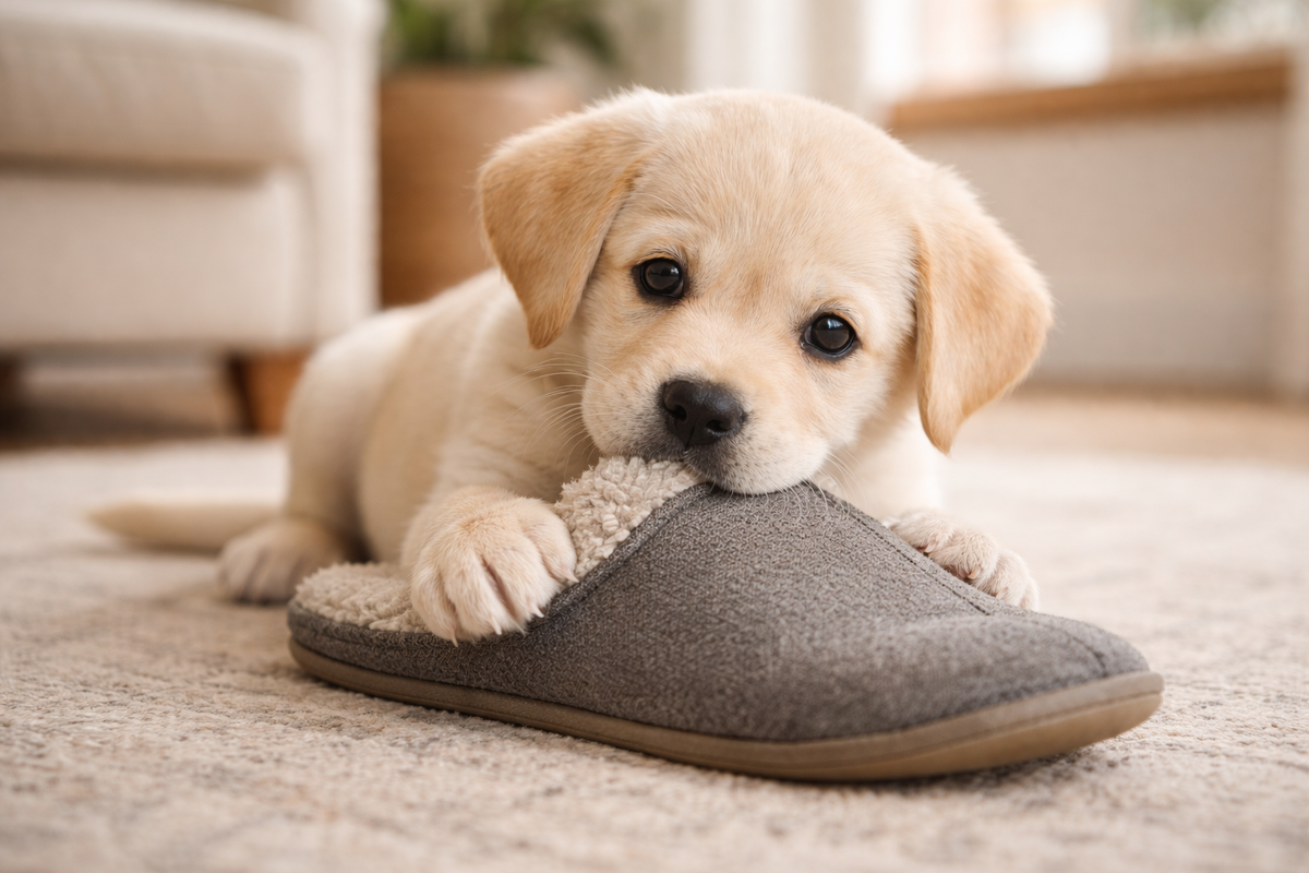 Щенок лабрадора грызет тапочек