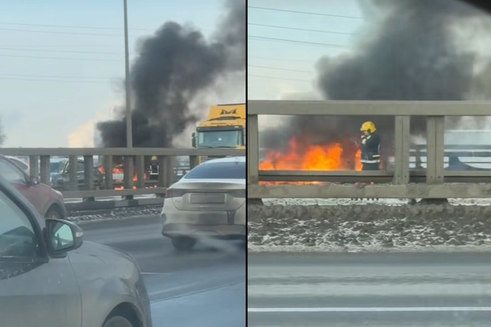    "Мерседес" сгорел на КАД. Фото: vk.com/spb_today