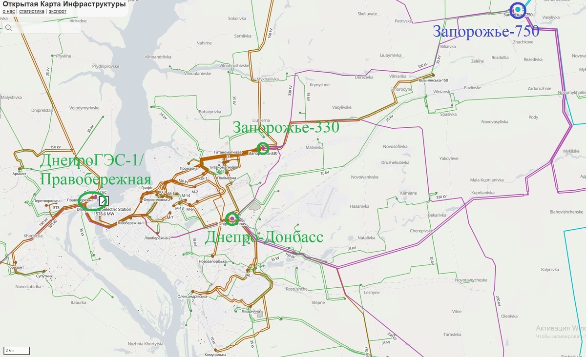 Карта-схема Запорожского энергоузла, крупно подписаны основный энергообъекты