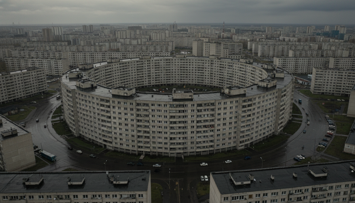  Аэрофотосъемка дома-бублика в районе Матвеевское, 1970-е годы.