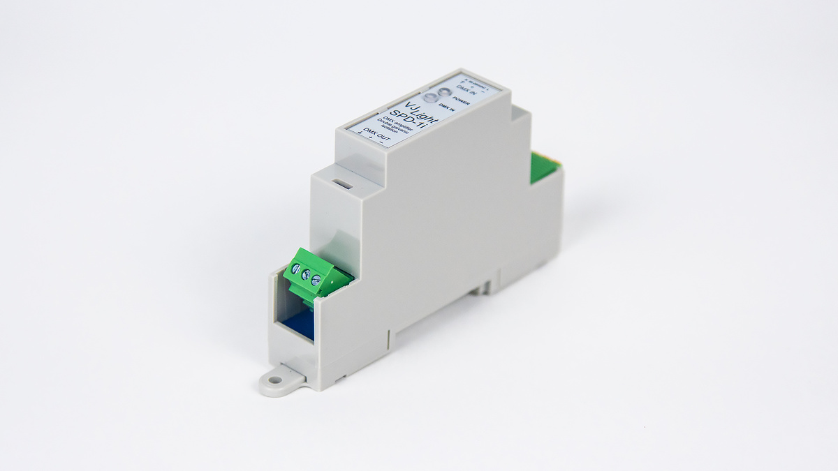 Усилитель сигнала DMX-512 на DIN рейку с двойной гальванической развязкой и индикаторами - VJLight SPD-1i. https://shop.show-device.ru/VJLight-SPD-1i.html