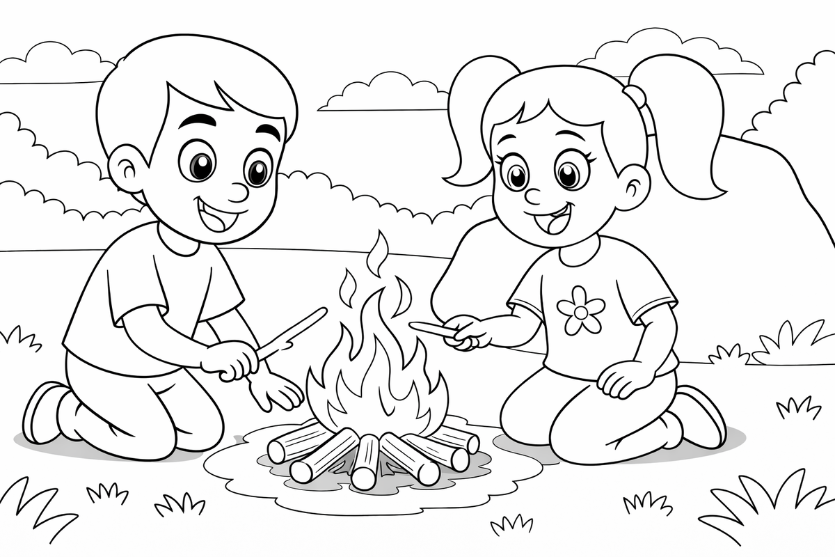 Маша и Миша у костра - раскраска фрагмент из мультфильма Сказки ТракТЫРишкИ