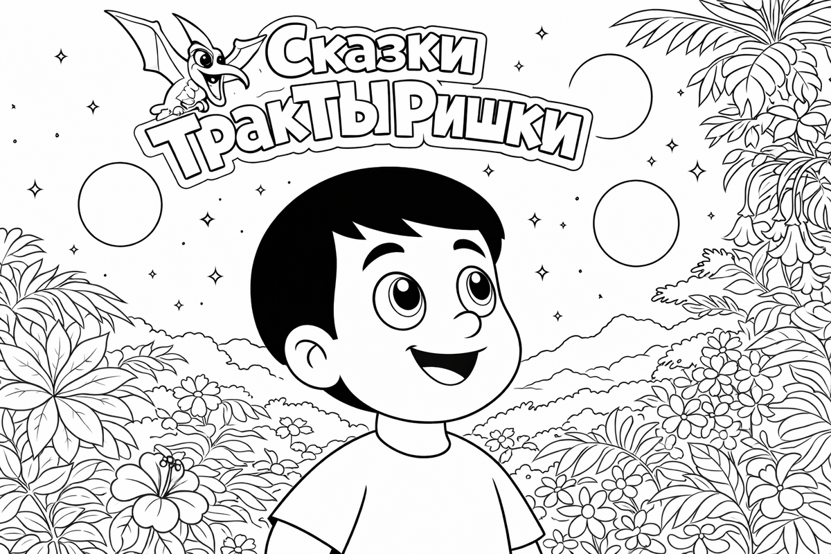 Миша любуется ночным небом в мире динозавров - раскраска Сказки ТракТЫРишкИ