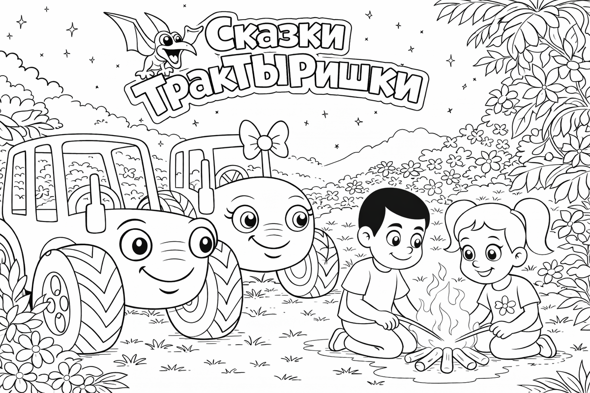 Тыр Тыр трактор Ляля и друзья вечером у костра - раскраска для детей
