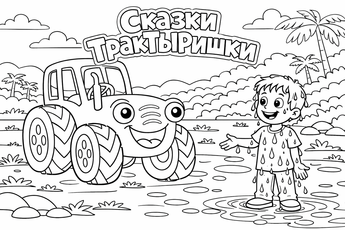 Красный трактор и Миша после неудачной рыбалки - раскраска