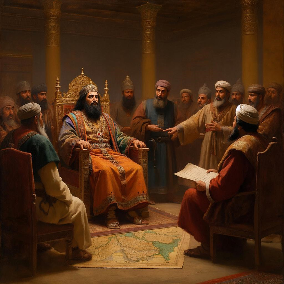 Артаксеркс I совещается с придворными, изображение создано нейросетью