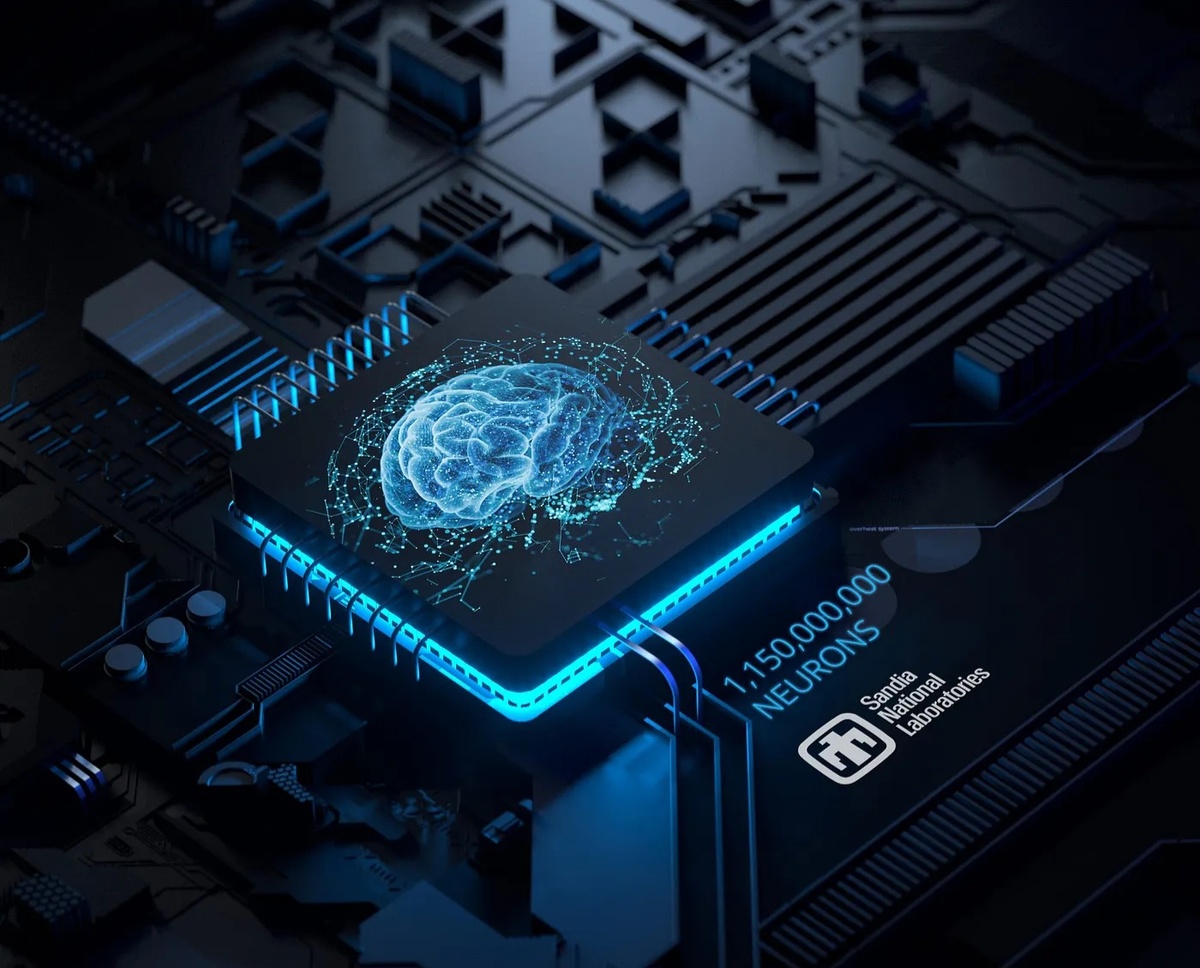 В 2024 году Национальная лаборатория Сандиа получила от корпорации Intel вычислительную систему на основе работы мозга под названием Hala Point, которая содержит 1,15 миллиарда искусственных нейронов и призвана продвинуть крупномасштабные вычисления, вдохновленные работой мозга. На изображении показана трехмерная модель материнской платы с подсвеченным чипсетом ИИ, используемым этим нейроморфным компьютером. (Источник изображения: Национальная лаборатория Сандиа)