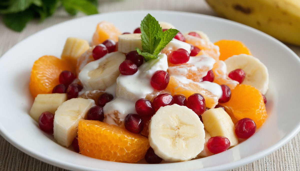 🍑 Фруктовый салат “Солнце” с йогуртовой заправкой: банан, мандарин, груша, гранат — рецепт из детского лагеря в Сочи.