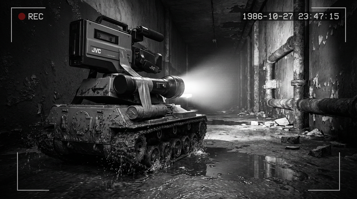  Игрушечный танк с примотанной камерой едет по темному коридору