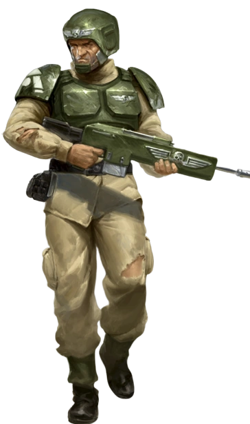 Гвардеец в стандартном обмундировании Кадианских штурмовых войск: противоосколочная броня, лазвинтовка модели М36. Также в комплекте могут идти гранаты, маски-ребризёры и полевые сумки.