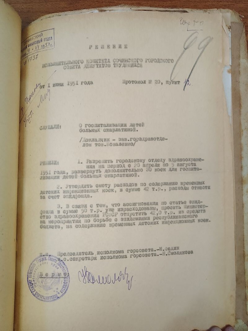 Решение Сочинского исполкома городского Совета депутатов трудящихся, от 1.06.1951 г