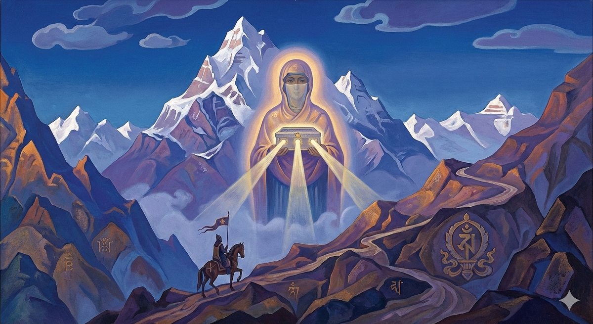 ​«Синтез восхождения: от зова Земли к сиянию Иерархии» 🏔️✨​На этом изображении — ключ к пониманию творчества Николая Рериха. Перед нами не просто пейзаж, а энергетическая карта эволюции духа:​Матерь Мира в центре — символ наступающей Эпохи Женщины и сокровенного знания, которое постепенно открывается готовому сознанию.​Сияющий Ларец — дар Камня Чинтамани, психическая энергия, направляющая человечество к Общему Благу.​Одинокий Всадник — это каждый из нас, совершающий свой ежедневный подвиг восхождения.​Горы здесь — не преграда, а лестница. Помните слова из Агни Йоги: «В Красоте познаете счастье мира». Пусть этот образ станет для вас визуальной молитвой и напоминанием о великом пути к Беспредельности.