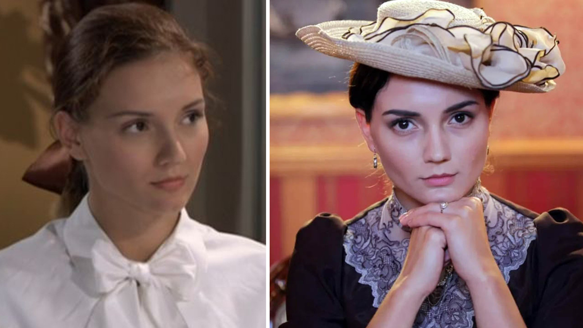 Дарья ЕЕгорова. Слева в сериале "Тайны института благородных девиц", 2013 год. Справа в сериале "Пока станица спит", 2014 год