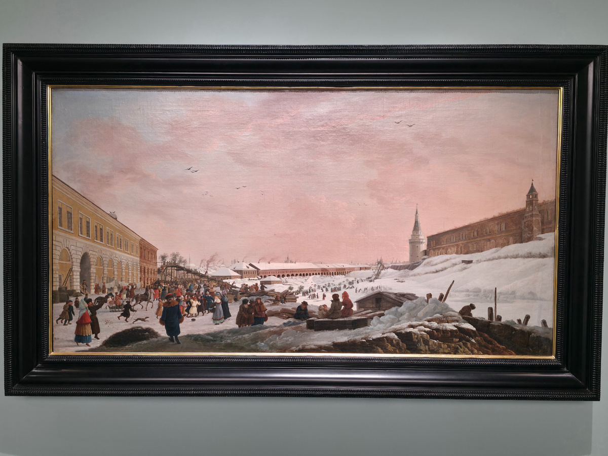 Жерар Делабарт. Подновинское предместье в Москве во время народного гулянья (1795 год). Под Новинским монастырем на Пасху традиционно устраивались гулянья с качелями