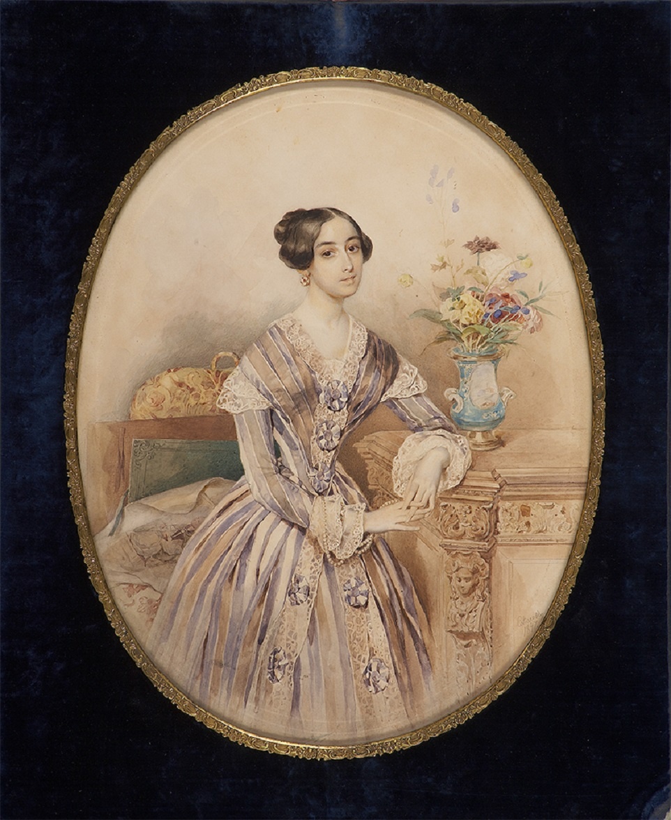 П. Ф. Соколов «Женский портрет», 1847 год. Бумага, акварель. Размеры: 32,5 x 25,5 см (овал в свету). Инв. Г-166. Таганрогский художественный музей. Фото картины взято из открытого источника.