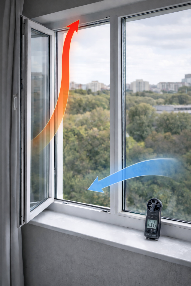 Теплый воздух уходит, а холодный заходит из-за перепада давления и плотности воздушных масс разной температуры