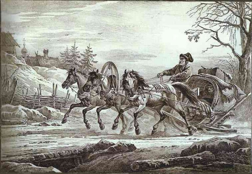 Кибитка на санях, запряжённая тройкой (картина А. О. Орловского, 1819)