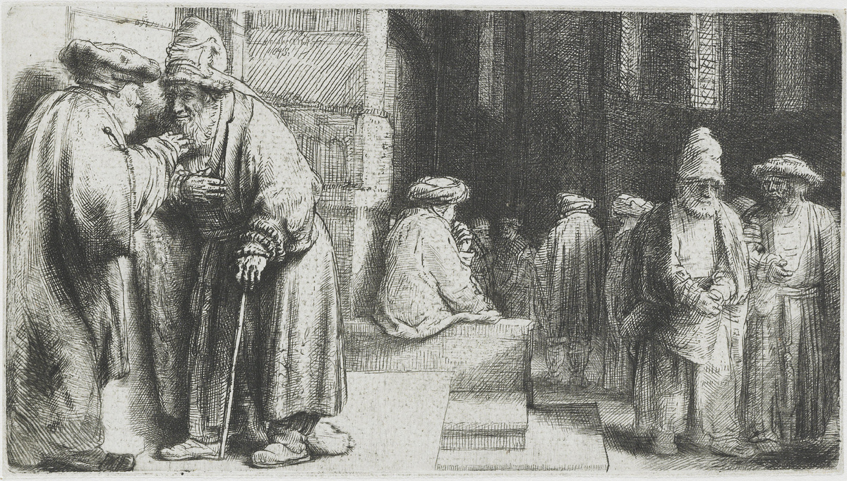 Рембрандт Харменс ван Рейн  (1606—1669) "Фарисеи в храме", 7, 2х12, 9 см, 1648, офорт, сухая игла 