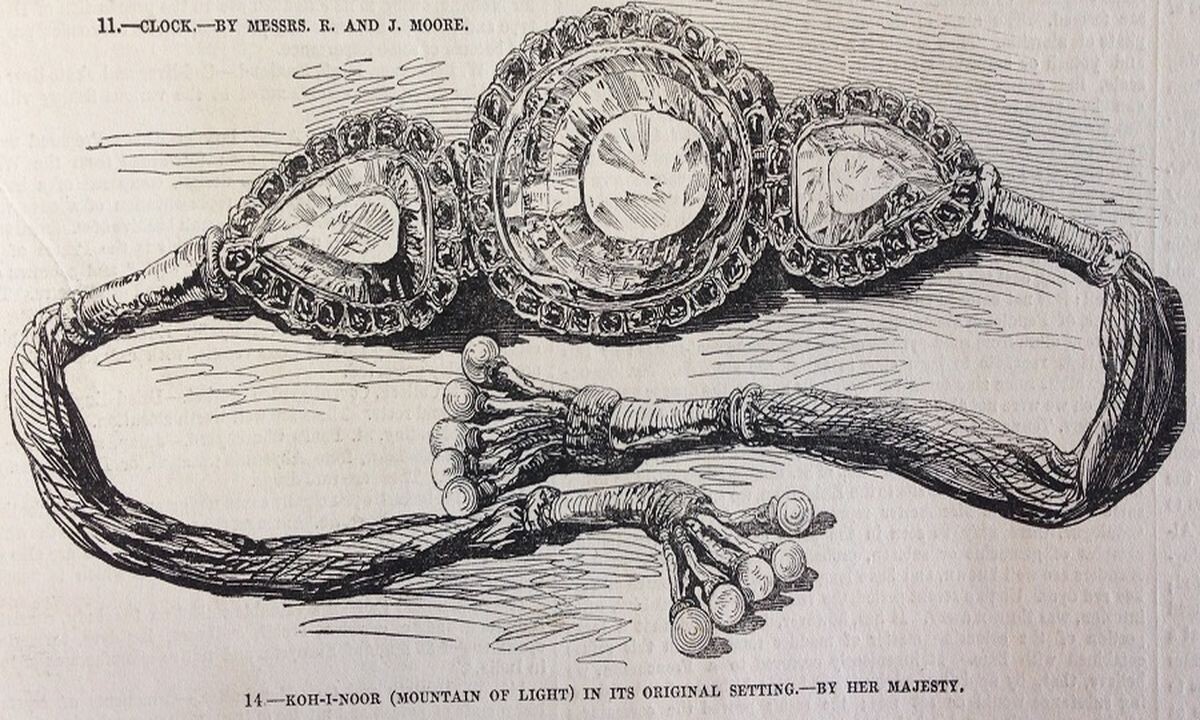 Кох-и-Нур, между двумя другими бриллиантами, в том виде, в каком он был первоначально подарен королеве Виктории, иллюстрация Лондон Ньюс, 31 мая 1851 года. \ Фото: vam.ac.uk.