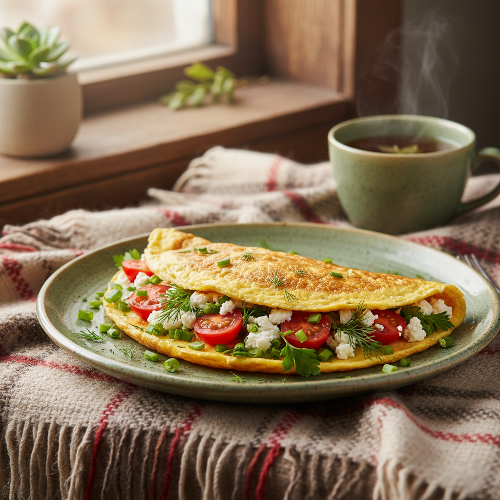 Нежный Омлет с Брынзой, Помидорами и Свежей Зеленью