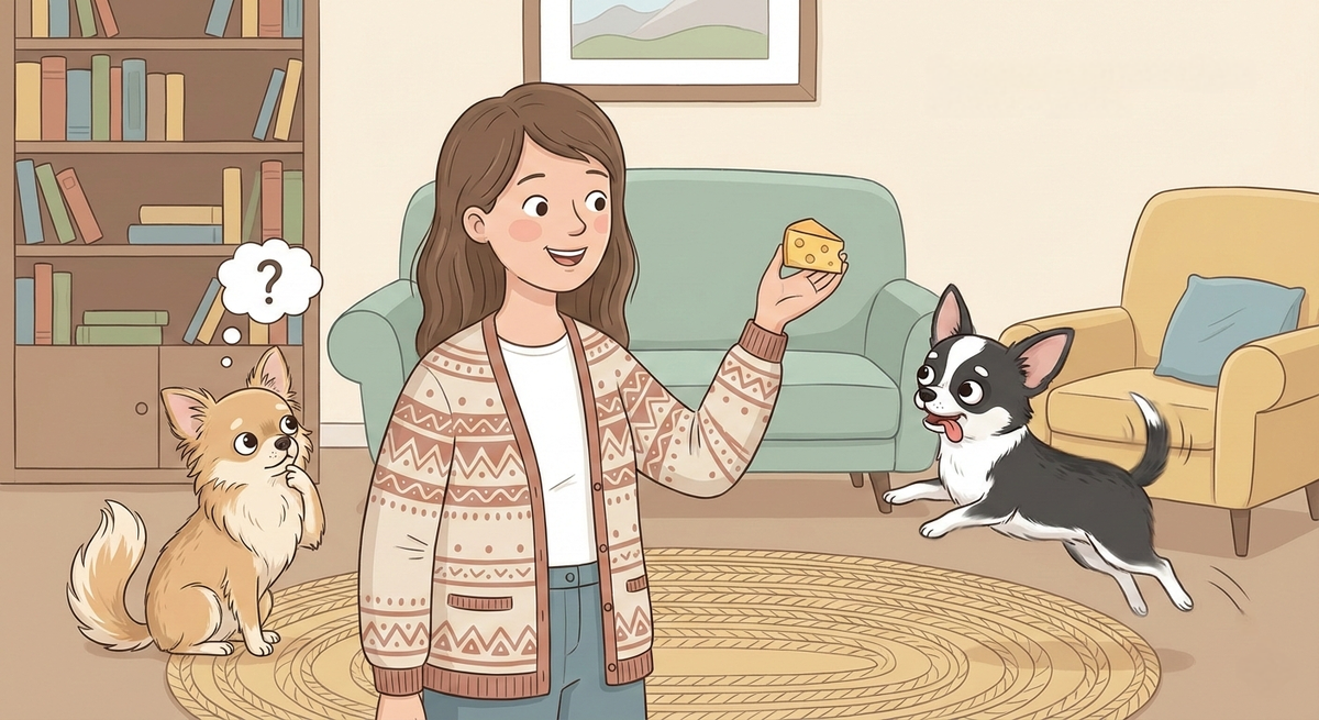 Тихон и Дуся учат команду «Сидеть!». Забавная иллюстрация к первому гайду по простой и весёлой дрессировке от канала «Жизнь с лапками».