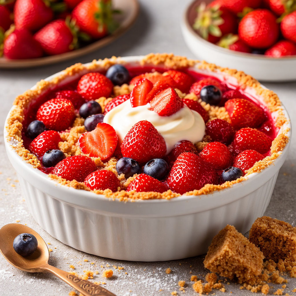 «Идеальная летняя клубничная запеканка с хрустящей крошкой и ванильным кремом».