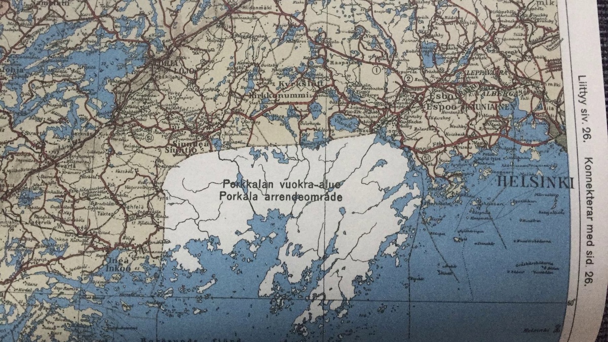 Порккала-Уд (белое пятно) на карте Финляндии