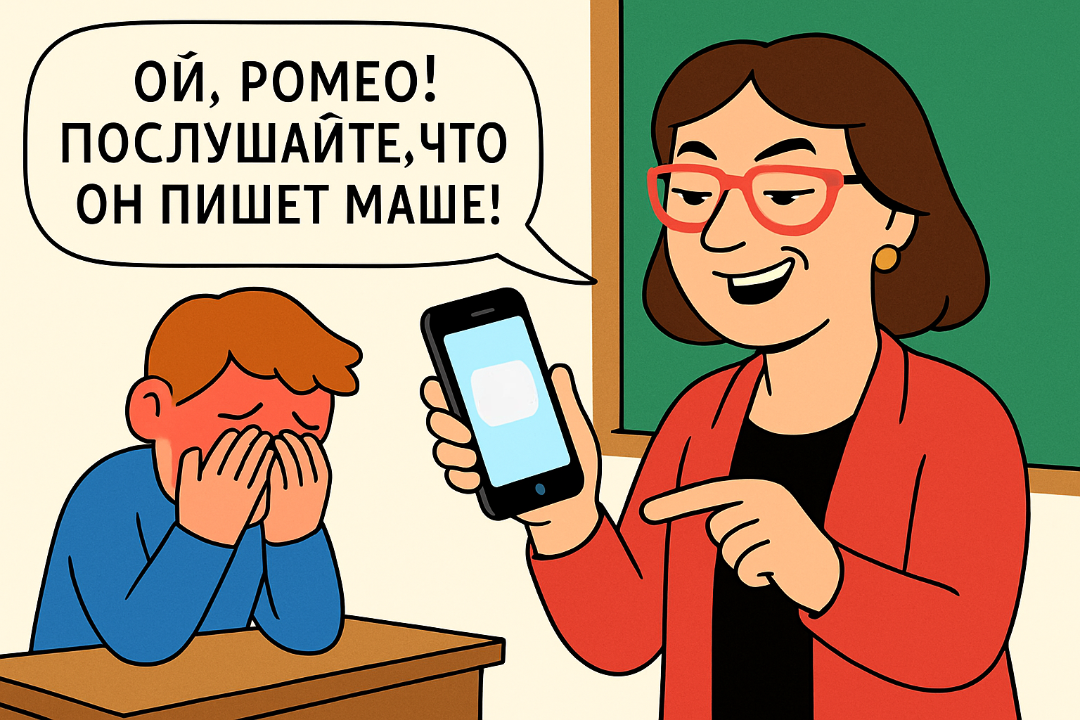 «Смотрите, наш Ромео пишет!» — учительница читала переписку сына вслух. Телефон пикнул на уроке. Она выхватила его из рук. И вместо того, чтобы убрать в ящик, начала читать сообщения перед всем классом. Сын не хочет идти в школу