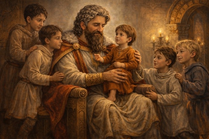 В центре сидит Всеволод III с младшим на ту пору сыном Святославом на руках. К нему подбегают 
старшие дети Константин, Юрий, Ярослав и Владимир.