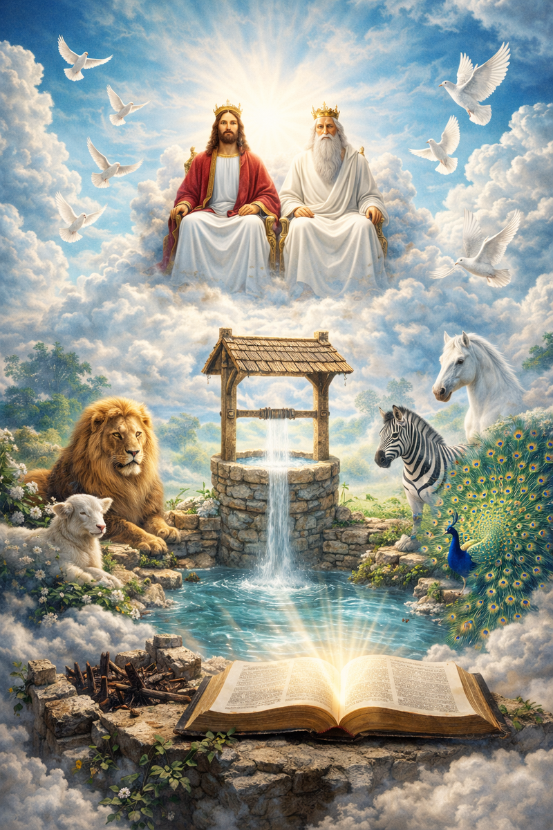 Иисус Христос и Отец — единый образ на облаках (без разделения)

Композиция строится так, чтобы не было двух независимых фигур и не возникало ощущения двух престолов власти.

В центре — Иисус Христос, явленный телесно и зримо.
За Ним и в Нём — Сияние Отца, не в виде отдельного антропоморфного образа, а как безначальный Свет, наполняющий всё пространство.

Отец не изображён как «второй сидящий», а как:

безграничное сияние,

глубина света,

присутствие, из которого исходит всё.

Иисус восседает на облаках, а Престол словно продолжается в Свет Отца, показывая единство, а не разделение.

Облака окружают сцену кругом, образуя сферу присутствия, а не сцену для наблюдения.
Нет зрителей — всё внутри Бытия.

Свет Отца:

не ослепляющий,

не судящий,

а утверждающий.

Иисус — как Слово, ставшее видимым, через Которое этот Свет стал доступным.

Между Светом и Сыном нет границы.
Нельзя сказать, где заканчивается одно и начинается другое.

Внизу композиции:

Источник Воды Жизни, исходящий из единого Света,

вода течёт свободно, без направляющих каналов,

рядом — раскрытая Книга, как свидетельство, а не как закон.

Никаких жертвенников.
Никакой крови.
Никакого разделения.

Это образ:

«Отец во Мне, и Я в Нём»,

«Весь суд отдан Сыну»,

«Милости хочу, а не жертвы»