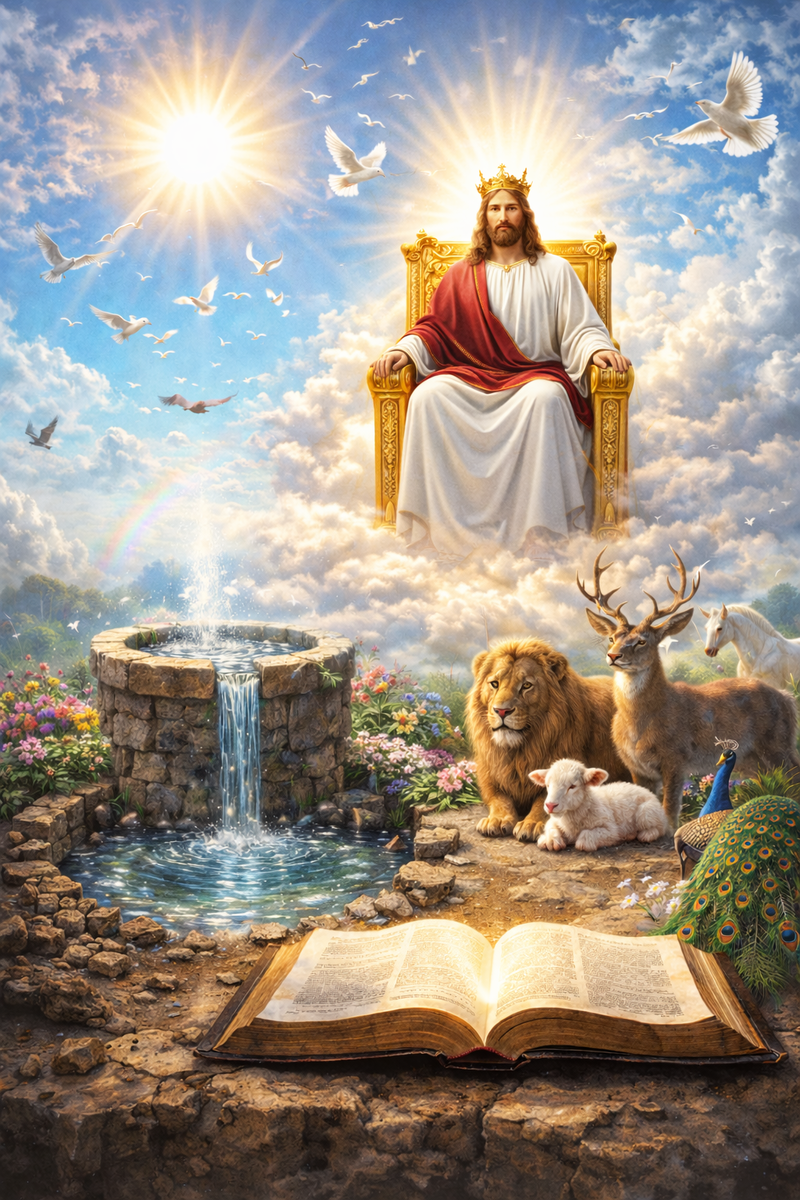 Иисус Христос на Престоле Славы, на облаках

Иисус Христос на Престоле Славы, на облаках

В центре образа — Иисус Христос, явленный не как земной человек, а как Господь, пребывающий в славе.
Он восседает на Престоле, который не имеет чётких границ и форм: престол соткан из света, славы и облаков, словно само Бытие стало Его сидением.

Облака под Престолом — не плотные, а светящиеся, прозрачные, движущиеся, как дыхание. Они не скрывают, а подчёркивают высоту и покой.
Из облаков исходит мягкое, но всепроникающее сияние.

Иисус изображён:

без излишнего акцента на чертах лица,

взгляд — спокойный, пронизывающий, судящий светом, а не гневом,

выражение — кротость, власть, завершённость.

Одежды — светлые, почти растворяющиеся в сиянии, без декоративной пышности.
Вся фигура словно источник света, а не объект, отражающий его.

Над Престолом — Солнце Славы, не физическое светило, а символ полноты и истины.
В небе — птицы, парящие свободно, как знаки жизни, духа и свободы.

Ниже, под Престолом:

Источник Воды Жизни, чистый, прозрачный, исходящий из света,

рядом — раскрытая Библия, лежащая спокойно, без нажима, без угроз,

упразднённый жертвенник — разрушенный, неиспользуемый, покрытый светом, а не пеплом.

Вся сцена наполнена:

покоем,

ясностью,

завершённостью Пути.

Это образ Господства Сына, в Котором суд уже совершён светом, а милость стала основанием мира.

2. Иисус Христос и Отец — единый образ на облаках (без разделения)

Композиция строится так, чтобы не было двух независимых фигур и не возникало ощущения двух престолов власти.

В центре — Иисус Христос, явленный телесно и зримо.
За Ним и в Нём — Сияние Отца, не в виде отдельного антропоморфного образа, а как безначальный Свет, наполняющий всё пространство.

Отец не изображён как «второй сидящий», а как:

безграничное сияние,

глубина света,

присутствие, из которого исходит всё.

Иисус восседает на облаках, а Престол словно продолжается в Свет Отца, показывая единство, а не разделение.

