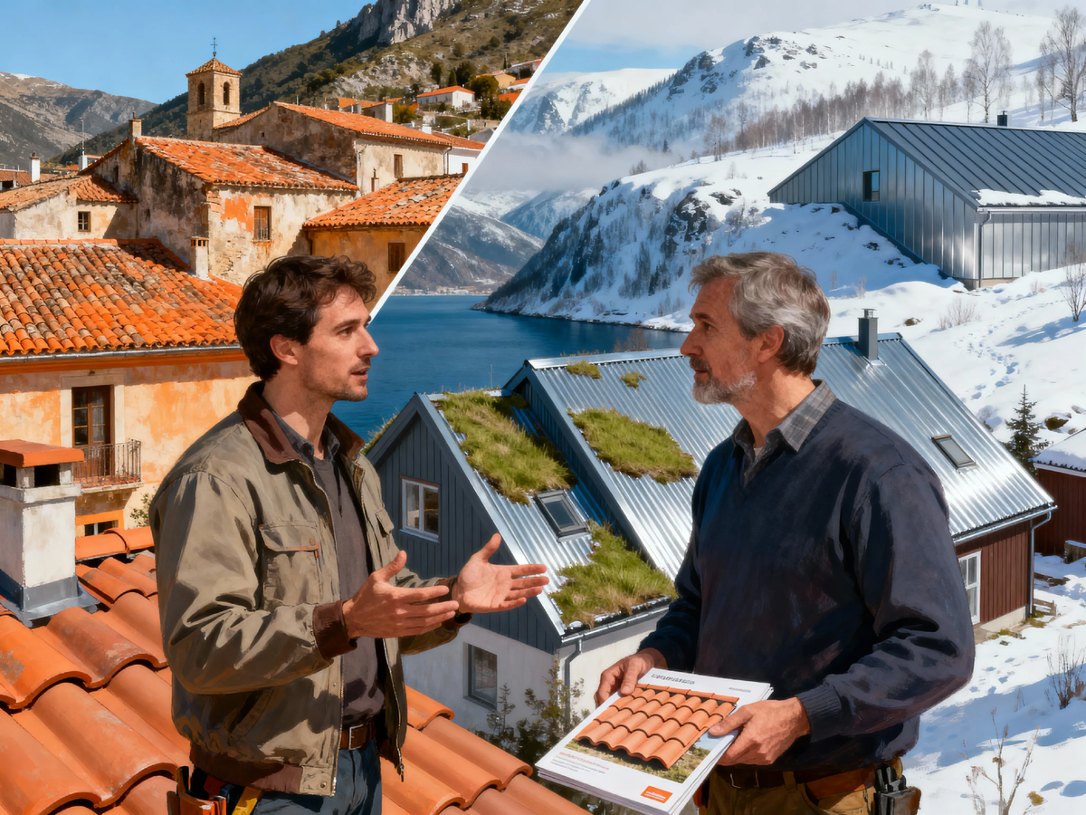 «Испанская мечта против сибирской реальности. Красота, которая веками живёт у моря, может не пережить и одной нашей зимы. Выбор кровли — это всегда выбор в пользу здравого смысла, а не картинки. ❄️🏔️»