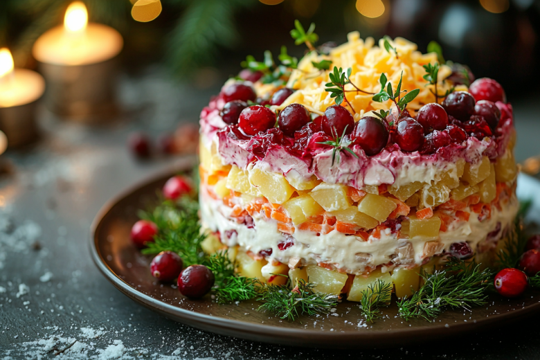 Марина приготовила салат и красиво его оформила.