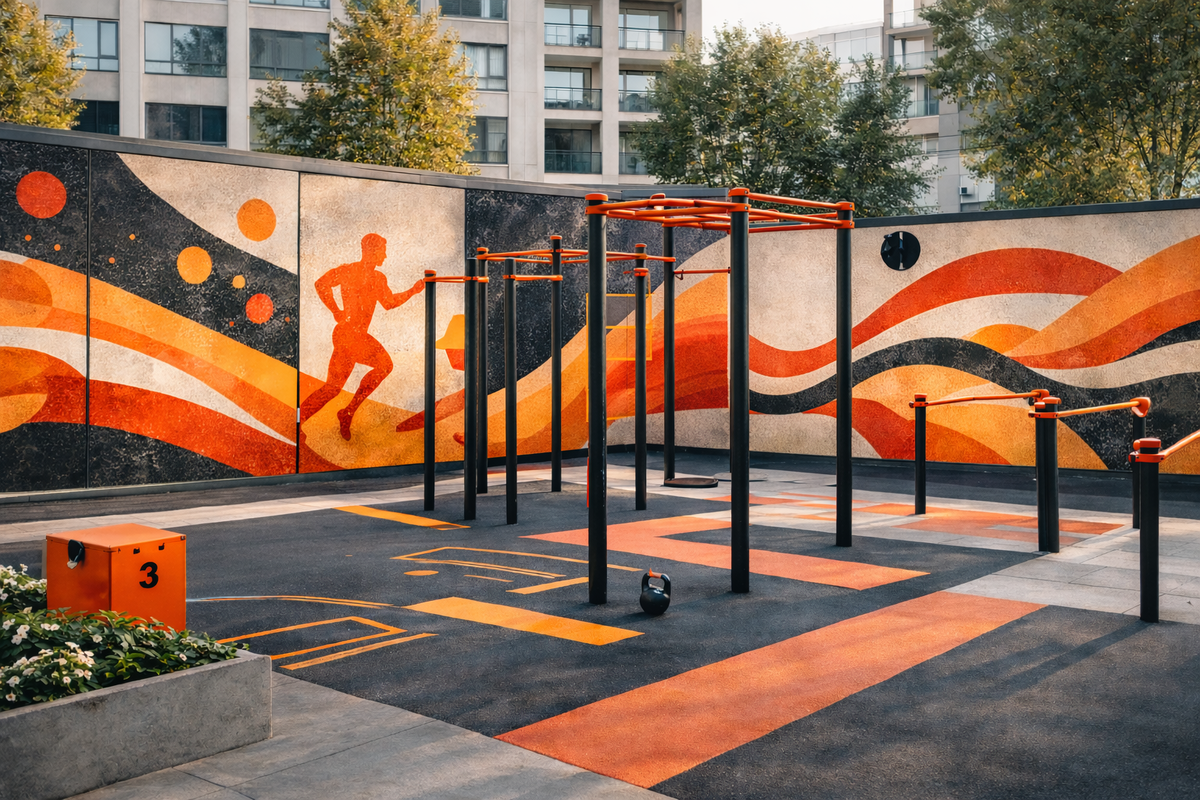 Спортивная площадка с декоративными панелями HPL с цифровым декором. 