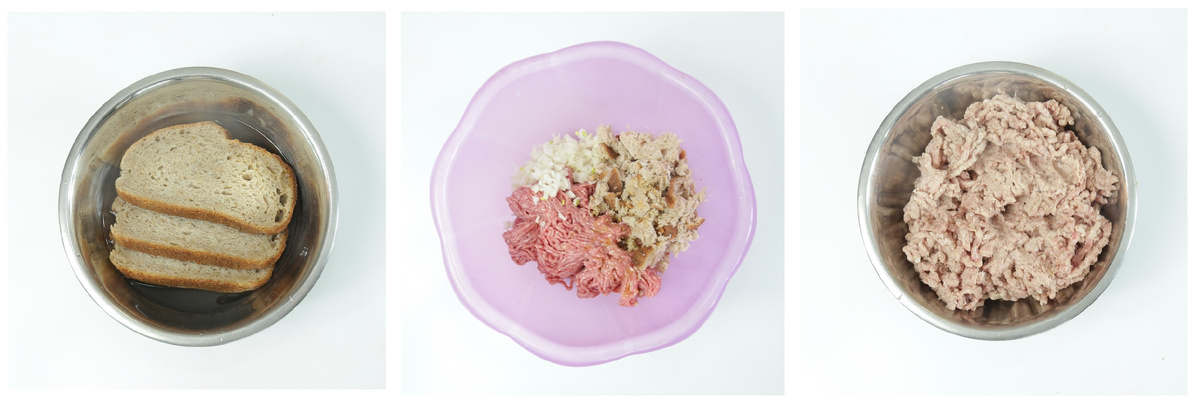 Готовим тефтели: замачиваем хлеб, соединяем все ингредиенты, вымешиваем