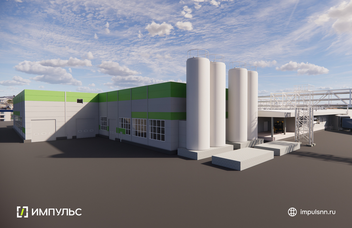 Визуализация демонстрирует архитектурные особенности промышленного комплекса, включая производственные корпуса, складские помещения и логистическую инфраструктуру.