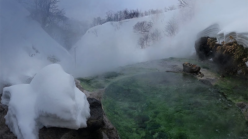  Струи пара поднимаются от бирюзовых водоемов, окаймленных снежными шапками. На фоне — дымящийся вулкан Баранского. Вода в источниках имеет температуру +70°C, pH 9.2. Рядом растут редкие растения: курильский бамбук и ольха камчатская. Координаты: 45°15′ с.ш. 147°50′ в.д. Высота над уровнем моря 500 м. Воздух наполнен запахом серы и йода. На камнях видны отложения кремнезема.