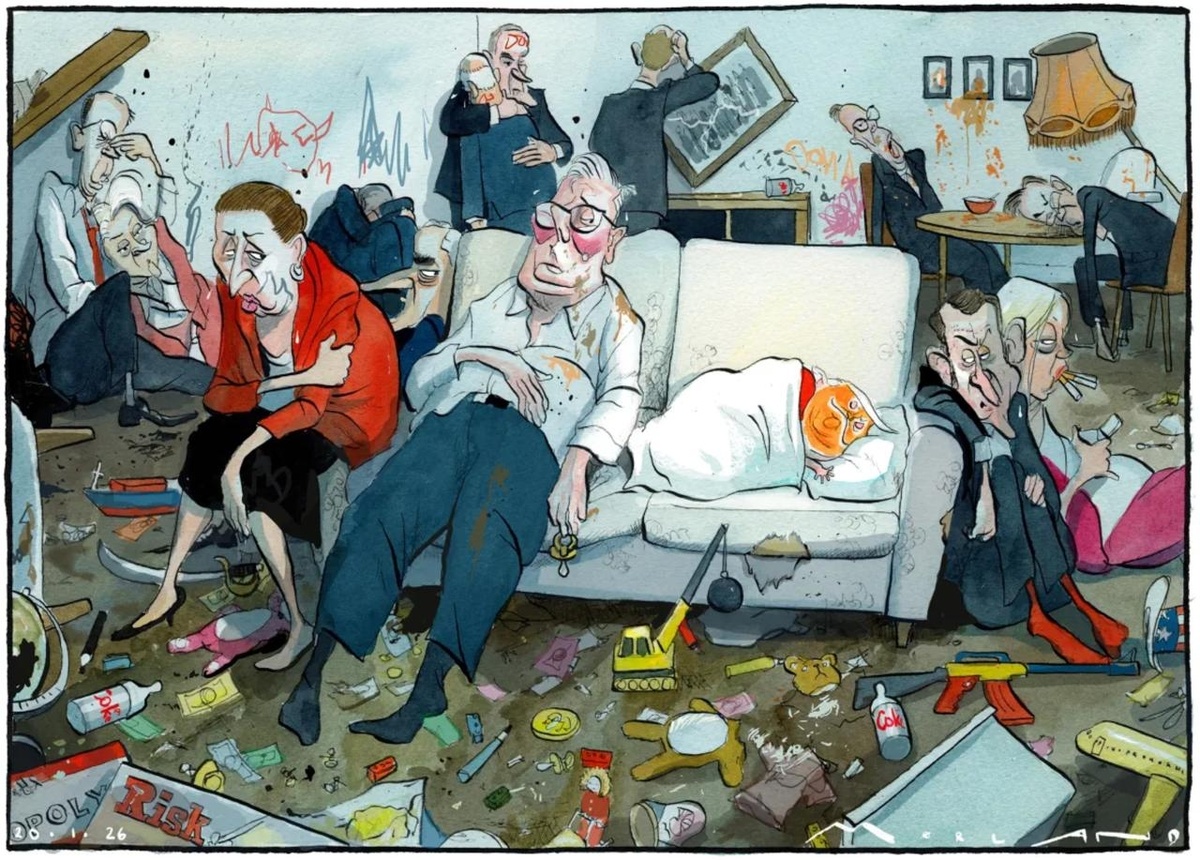 Шарж в исполнении художника The Times. Спящий малышка Трамп, доведший от ужаса европейское семейство. Много тонкостей и нюансво в деталях.