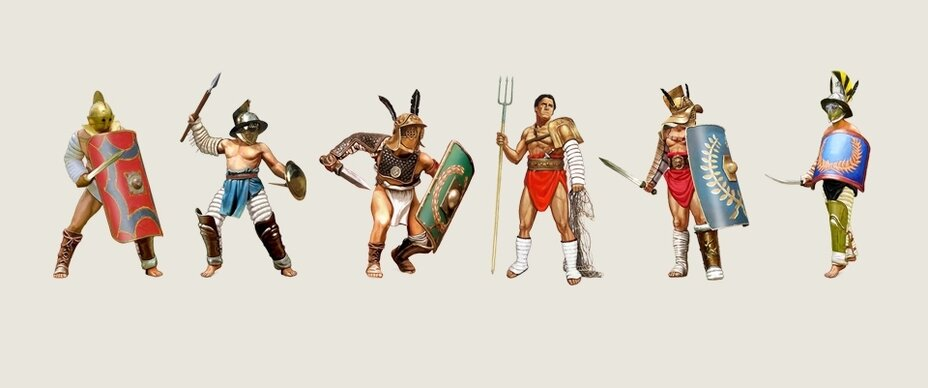 Основные виды гладиаторов. Слева направо: секутор, гопломах, провокатор, ретиарий, мирмиллон, фракиец.